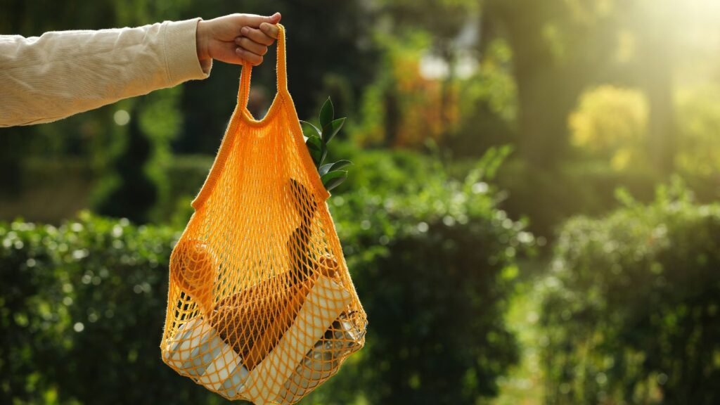 Woman hand with net bag of eco-friendly products