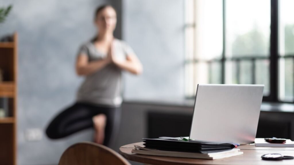 Woman stretching while taking a break from work