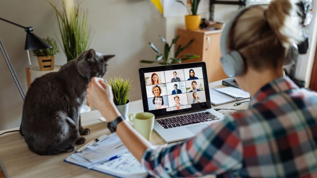 Woman teleconferencing with her colleagues at home