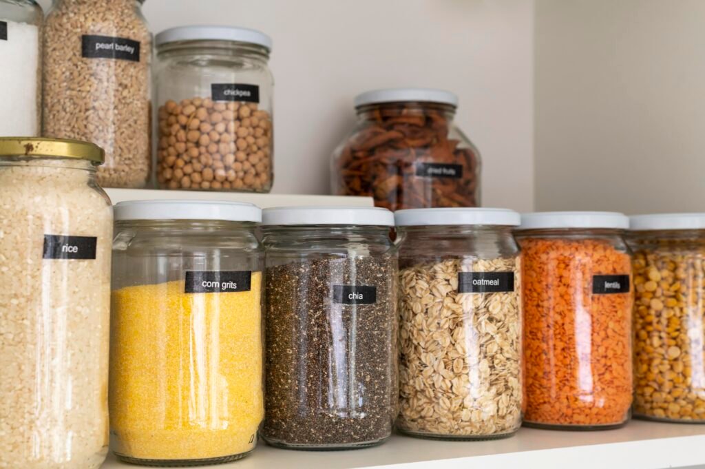 Clear food containers with labels on shelf