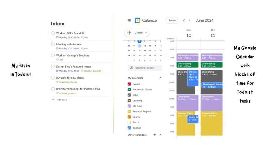 Tasks in Todoist and Google calendar time blocks